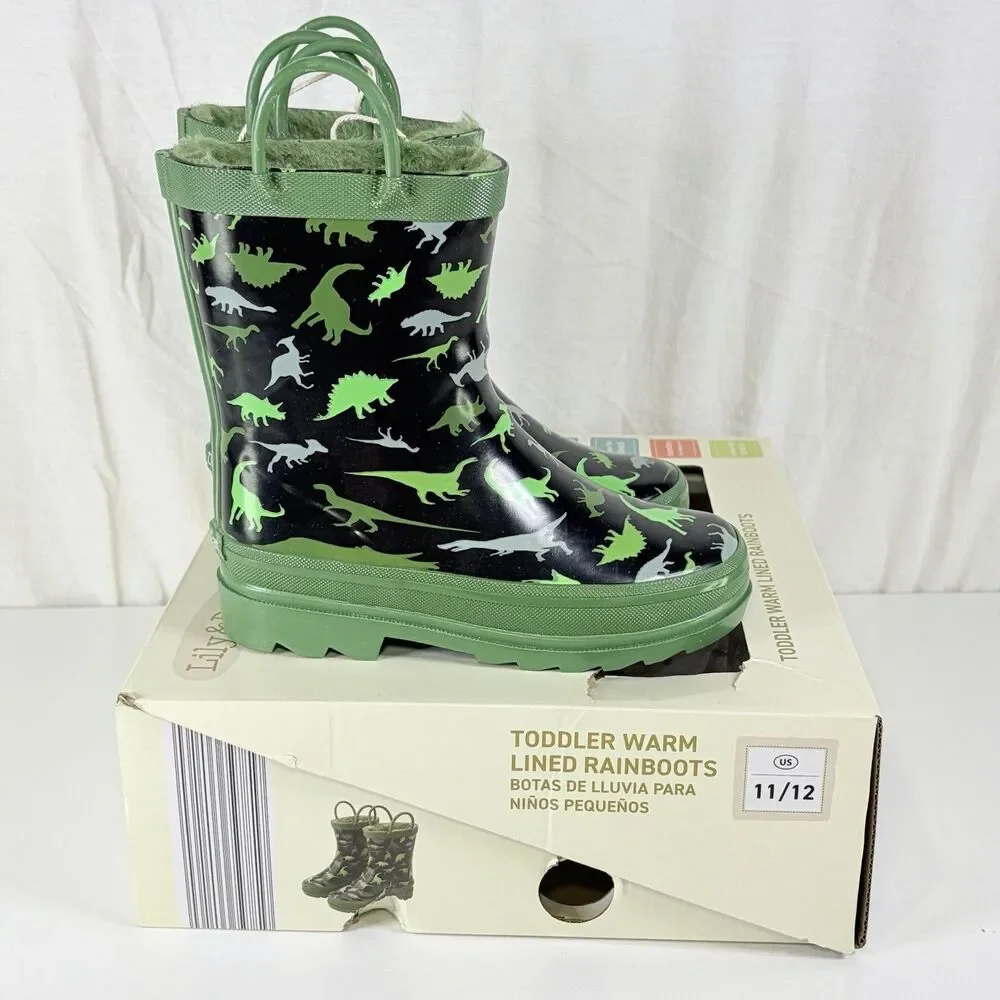 Lily And Dan Boys Fleece Lined Water RainBoots Green Dinosaur Size Toddler 11/12